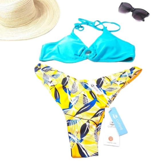CUPSHE Turquoise Halter O Ring Women's Bikini Set Floral Print Low Rise - Picture 3 of 16